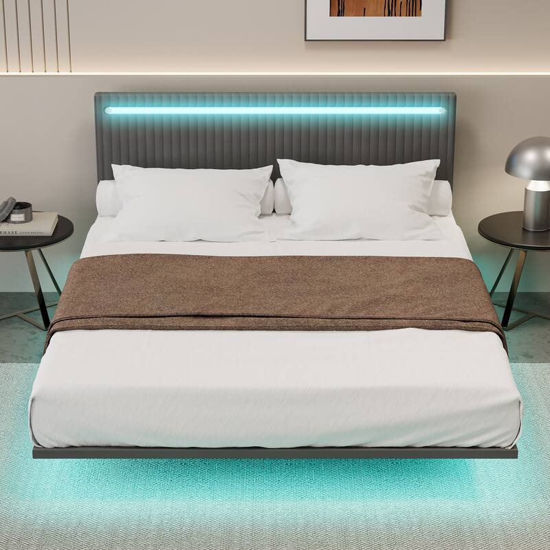 Full Size Modern Upholstered Floating Bed Frame with RGB LED Lights, Adjustable Headboard, Velvet Fabric, No Box Spring Needed - Gray - Queen