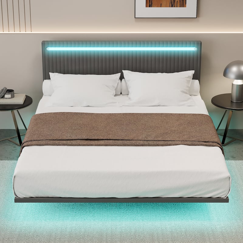 Queen Size Floating Bed Frame with Adjustable Velvet Headboard & RGB Lighting (No Box Spring Needed)
