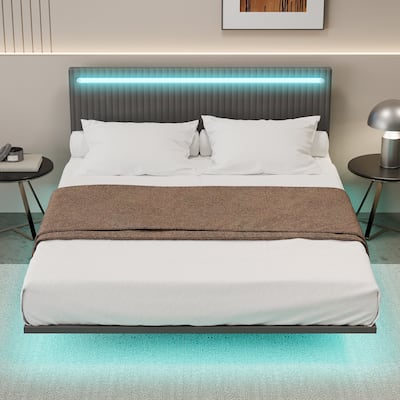 Queen Size Floating Bed Frame with Adjustable Velvet Headboard & RGB Lighting (No Box Spring Needed)