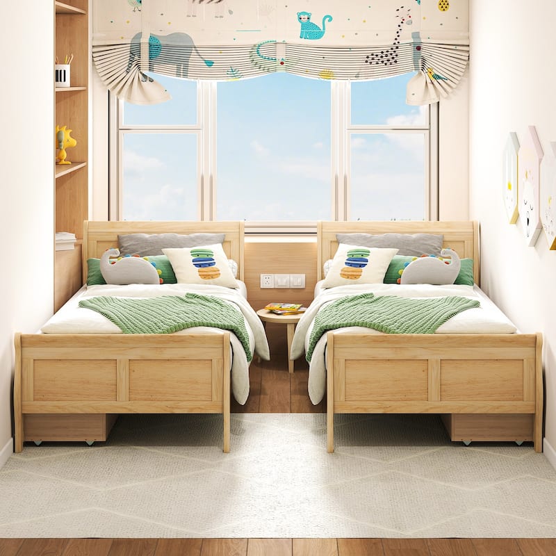 Twin Size Wooden Sleigh Platform Bed with 2 Under-Bed Drawers Included Headboard and Footboard
