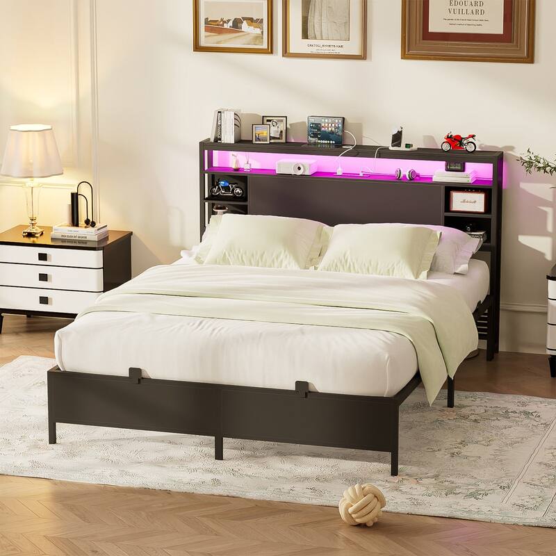 Bed Frame with Charging Station and RGB LED Lights, Sturdy Platform Bed with Storage Headboard,