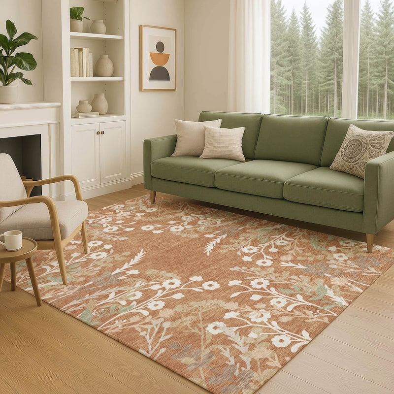 Machine Washable Indoor/ Outdoor Floral Border Chantille Rug