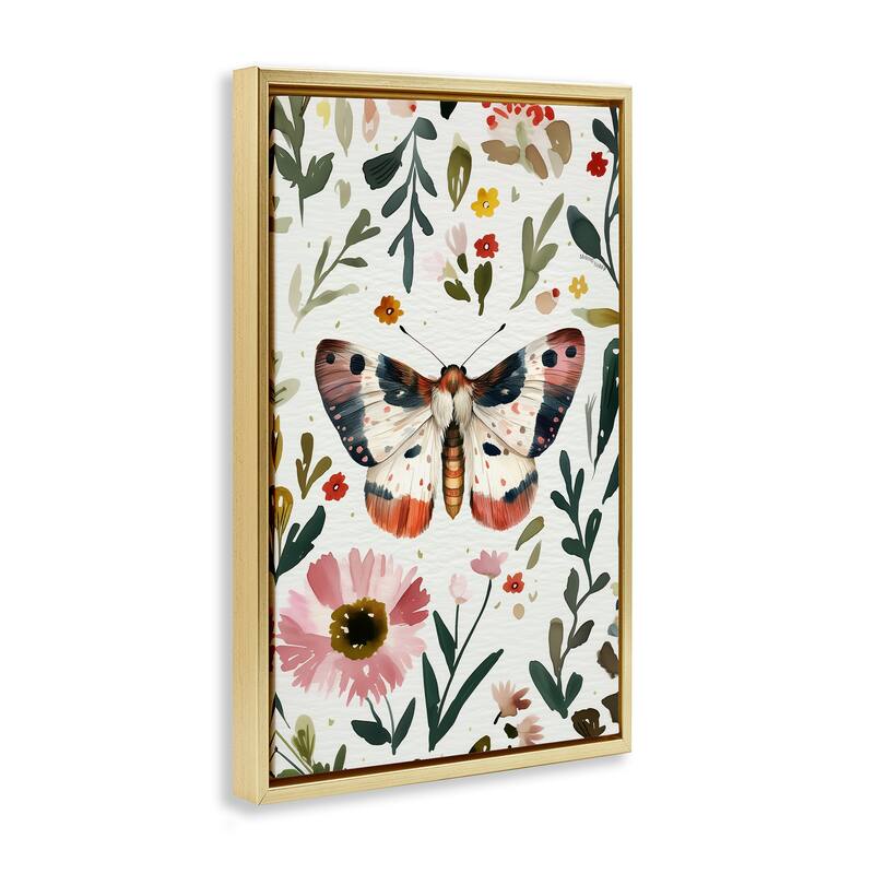 Stupell Moth & Organic Flowers Framed Floater Canvas Wall Art Design By The Dutch Lady