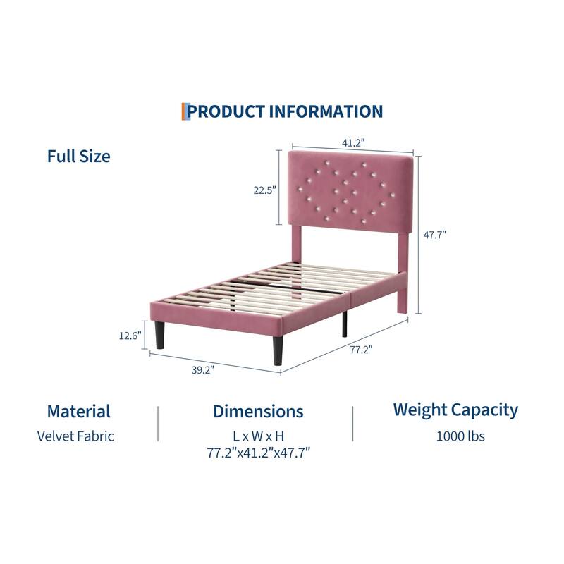 Bed Frames, Velvet Upholstered Bed Frame with Vertical Channel Tufted & Sturdy Wood Slats - Pink - Twin