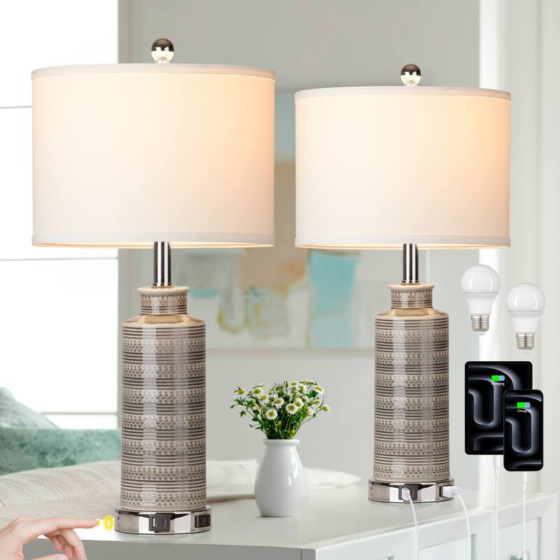 25'' Gray Ceramic Table Lamp with USB & Type-C Ports, 3-Stage Touch Switch (Set of 2) - 12.5'' x 12.5'' x 25''