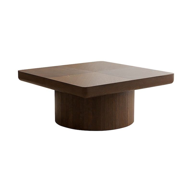 34.6" Modern Square Coffee Table with Parquet Wood Veneer Top & Cylindrical Base, Stylish Living Room Center Table