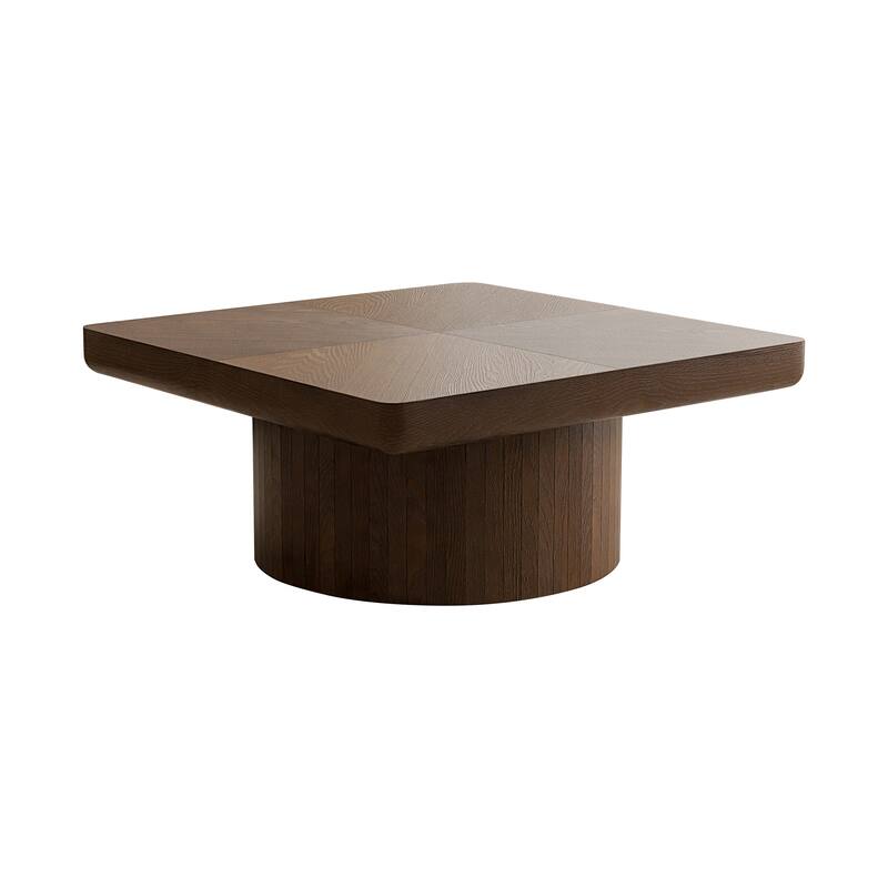 34.6" Square Coffee Table for Living Room, Modern Wood Veneer Top with Parquet Pattern & Cylindrical Base
