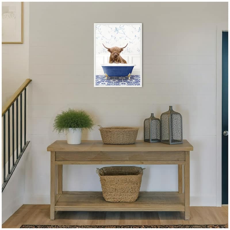 Kate and Laurel Sylvie Highland Cow in Eclectic Blue Bathtub Framed Canvas by Amy Peterson