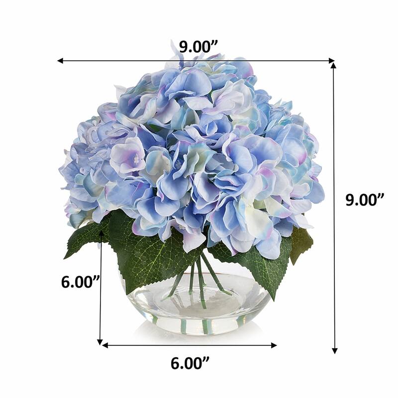 Hydrangea Artificial Flowers in Round Glass Vase with Faux Water, Silk Flower Arrangements in Vase for Home Decor, Wedding Table