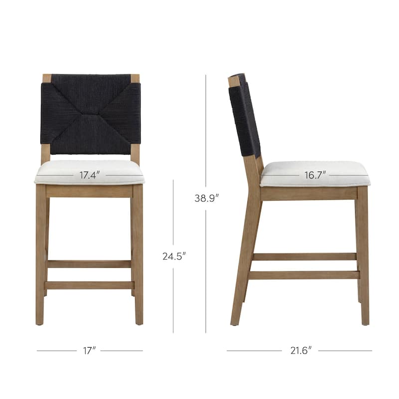 Beacon Bohemian Boucle Bar Stool, Upholstered Counter Height Chair with Solid Wood Frame and Woven Seagrass Back