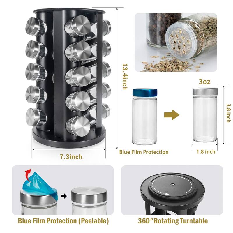 Black Countertop Revolving Spice Rack,Empty 20-Jars Rotating Spice Rack Organizer,Round Carousel Tower, 135 Spice Labels