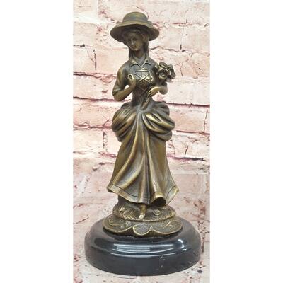 Vintage Bronze Sculpture Of A Victorian Lady Holding Flowers – Antique Style Figurine