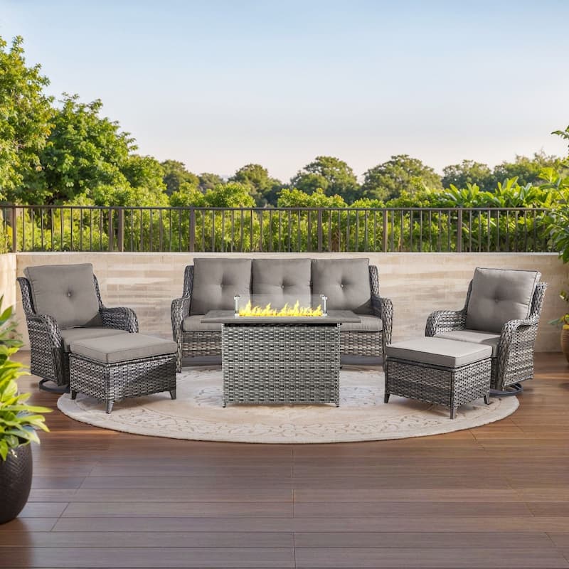 Gymojoy 6-Piece Outdoor Furniture Sofa Set with 2 Swivel Chairs, 2 Ottomans & 55K BTU Fire Pit Table - Grey Wicker / Grey Cusion - 6-Piece
