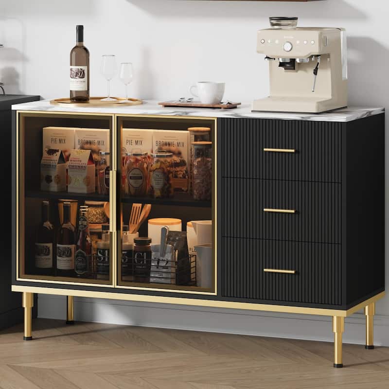 Sideboard Buffet Cabinet, 48" Kitchen Sideboard Cabinet with 3 Fluted Glass Doors Removable Shelves