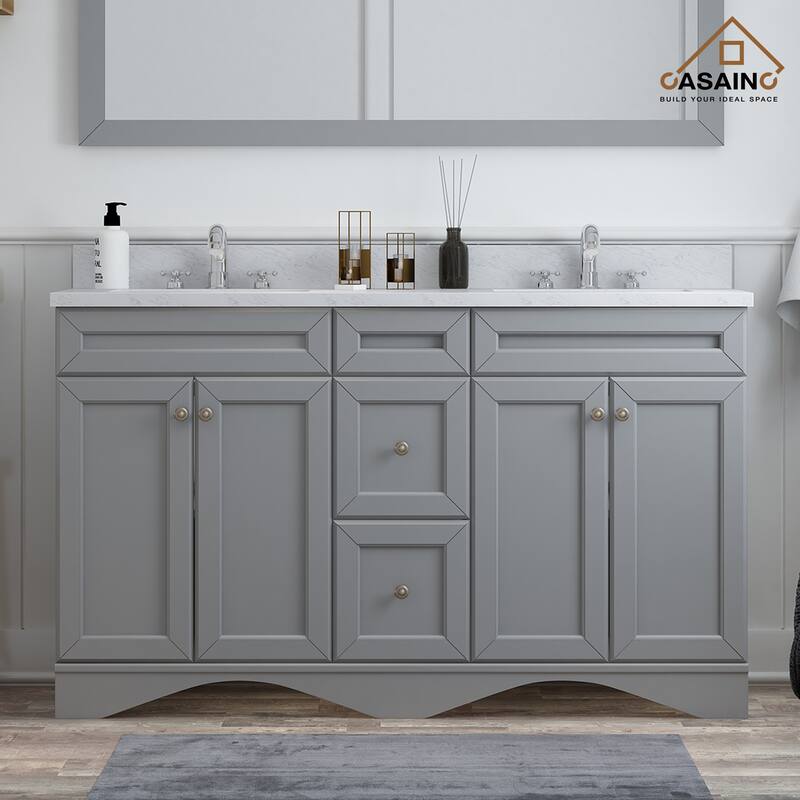 60 in. W x 22 in. D x 35.4 in. H Bath Vanity in Gray with White Top and Basin