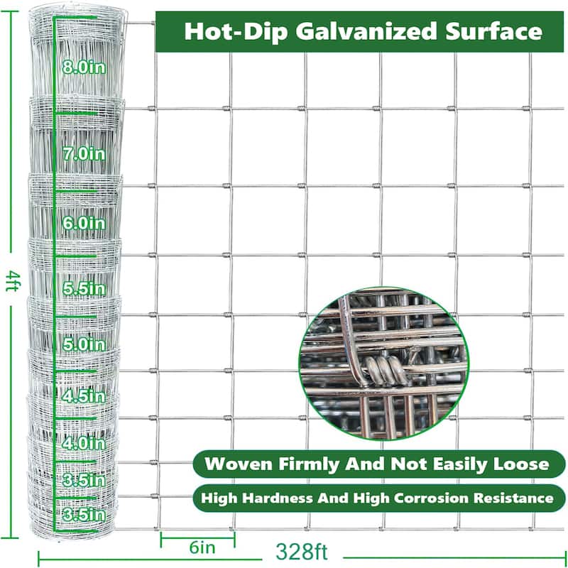 4ft x 328ft Galvanized Field Fence for Livestock, Deer, Goat & Hog Protection