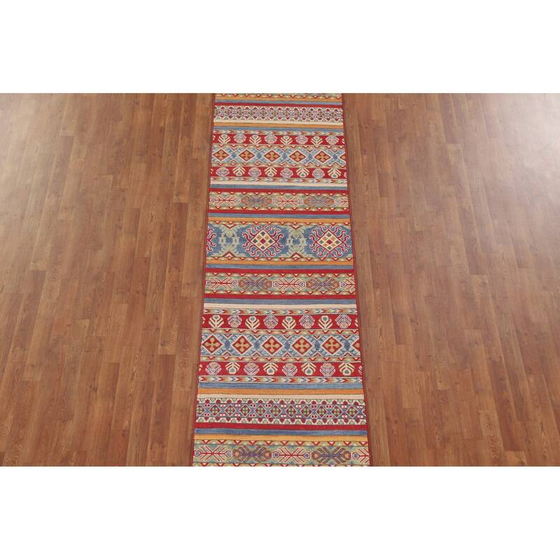 Hand Knotted Oriental 100% Wool Carpet Traditional All-Over Multi-Colored Kazak Runner Rug - 13' 10'' X 2' 6''