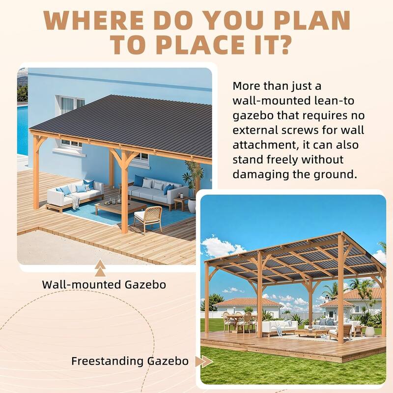 AECOJOY Outdoor Wood Gazebo for Patio, Outdoor Lean to Hardtop Cedar Pergolas and Gazebos Clearance