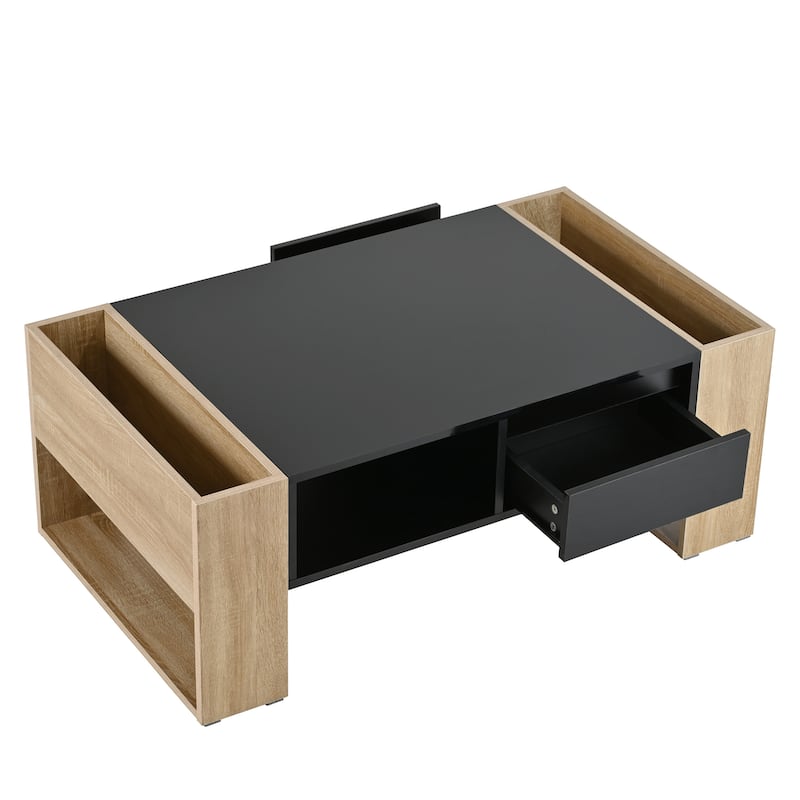Roomfitters Modern High Gloss Coffee Table with Open Shelf, Practical Rectangle Center Table with Hidden Storage