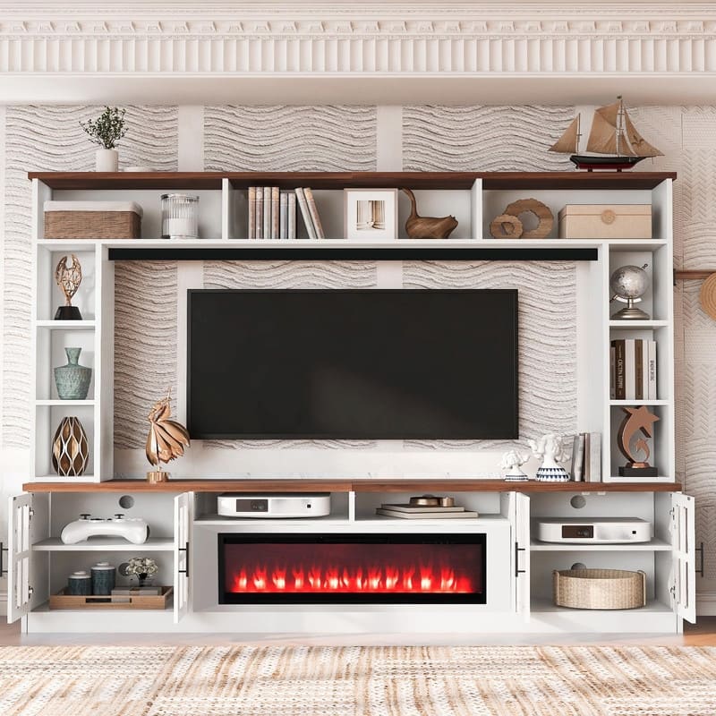 95.5" Wide Wall Unit Entertainment Center with Electric Fireplace and Bookshelves for TVs up to 80"