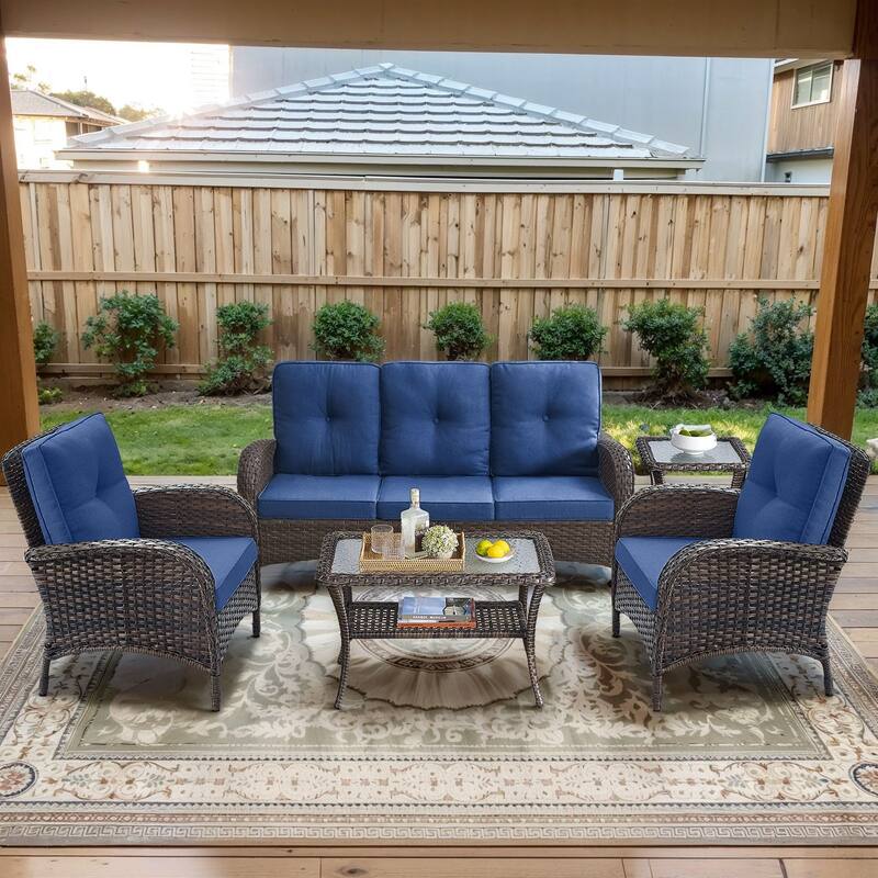Gymojoy Outdoor Wicker Patio Furniture Sofa Set - Luxurious Comfort, Weather-Resistant - 5-Piece - Sofa & Club Chairs - Brown Wicker / Blue Cusion