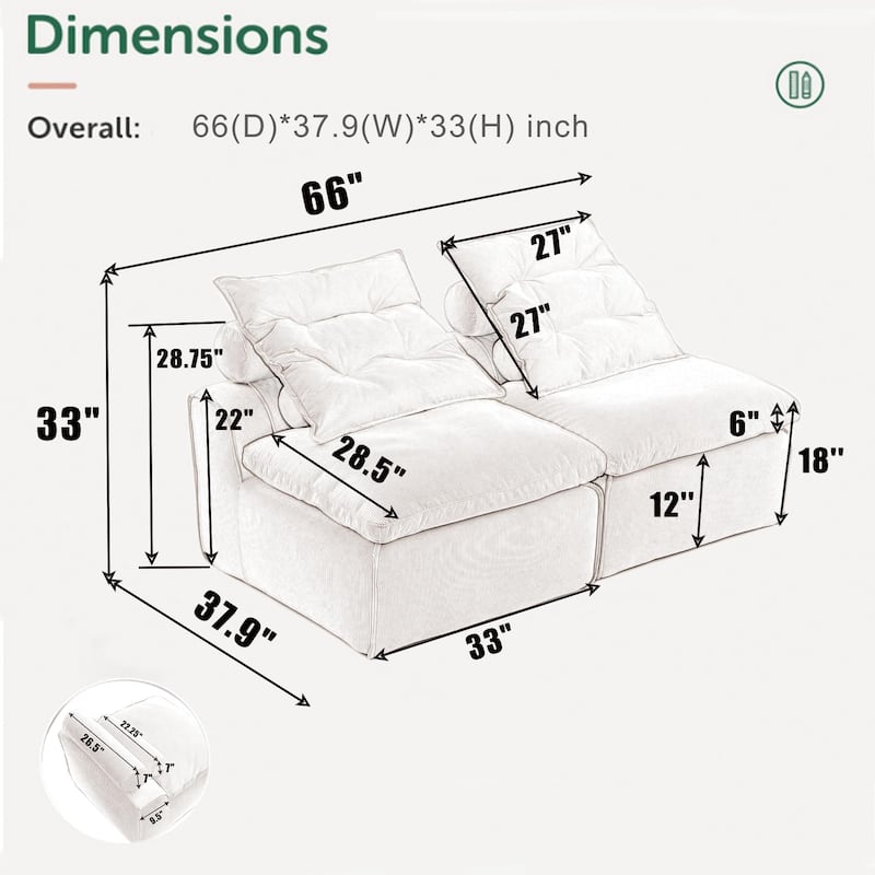 Anmytek Modular Sofa 2 Seats, Soft Corduroy Fabric, Neck Pillow-Back Lounge Sofa Chair, Upholstered, Beige