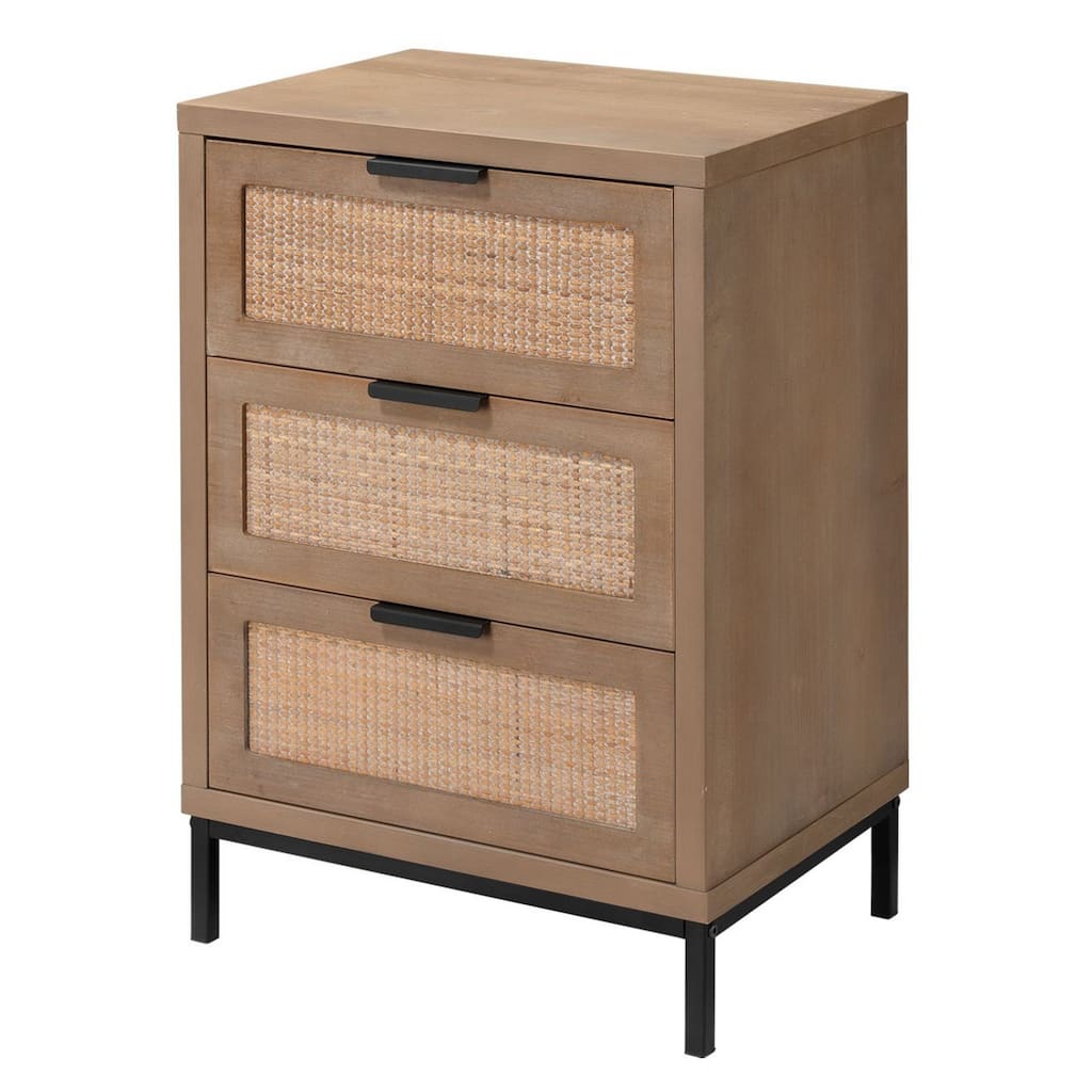 Side Table with Woven Rattan Front Drawers, Brown