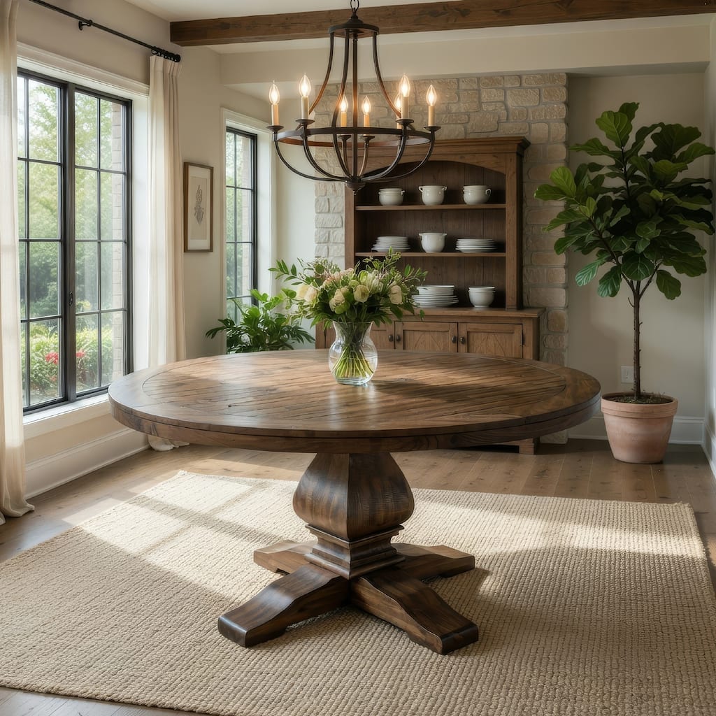60 Inch Round Dining Table, Carved Pedestal Base, Reclaimed Walnut Brown