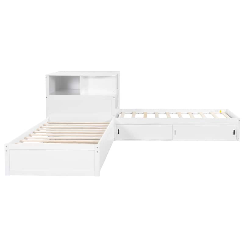 Twin Size L-shaped Bed Frame with Trundle Bed and Storage Cabinets, Desk, Lighting, Corner Platform Storage Bed Frame
