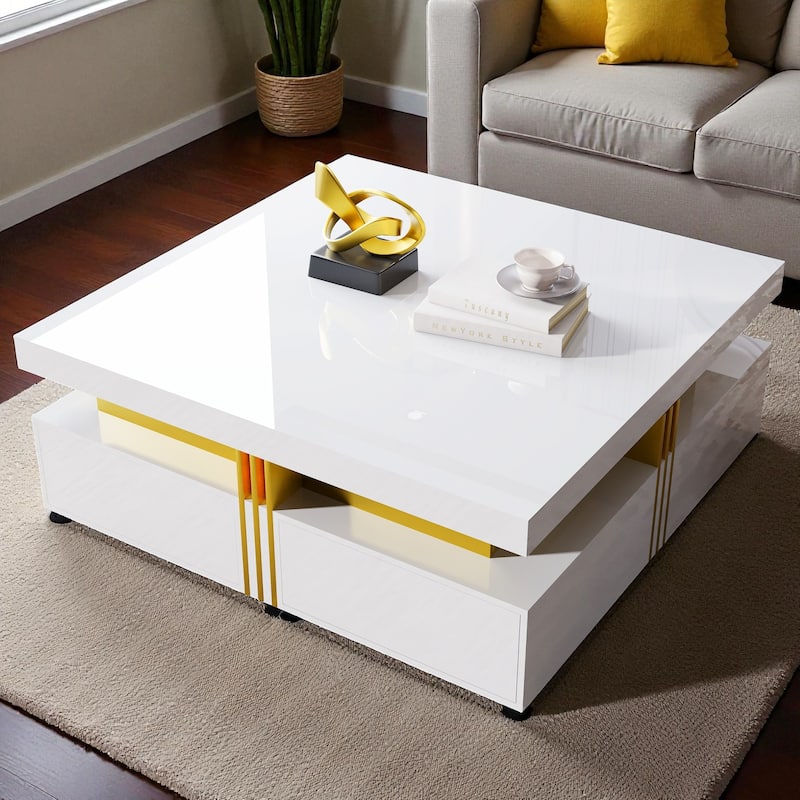 43.3" Modern Glossy Square Coffee Table with 4 Storage Drawers, High Gloss MDF Center Table for Living Room - White