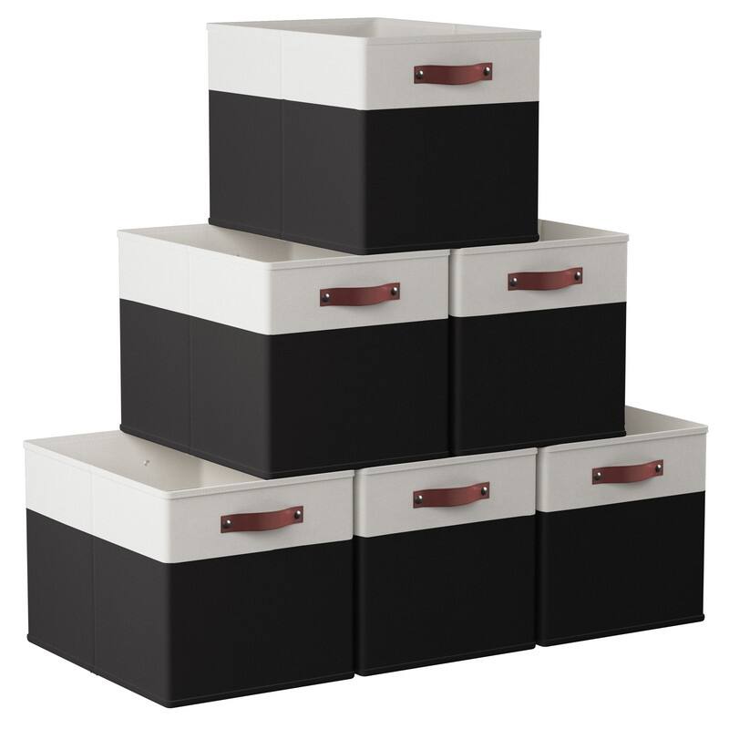 Foldable Collapsible Storage Box Bins Linen Fabric Shelf Basket Cube Organizer with Leather Handles - Set of 6 - 13" x 15" x 13" - White/Black