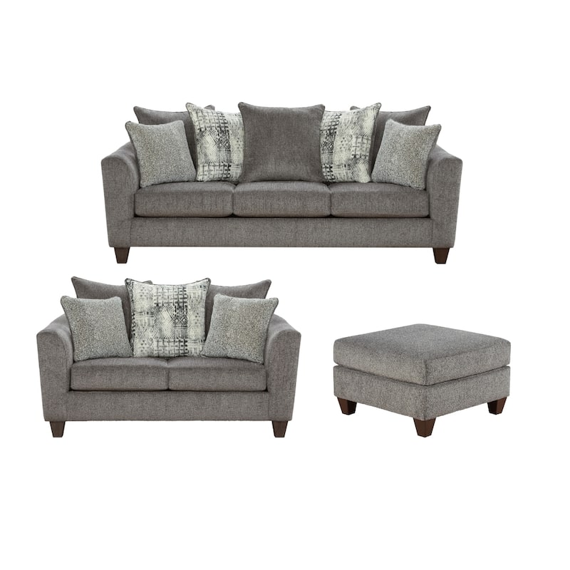 Roundhill Furniture Davoz 3-Piece Living Room Set, Sofa Loveseat and Ottoman, Tori Slate