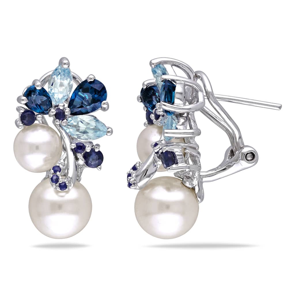 Miadora Sterling Silver Pearl, Blue Topaz and Sapphire Cluster Drop Earrings (6-8.5mm) - 22.7 mm x 12.6 mm x 17.8 mm