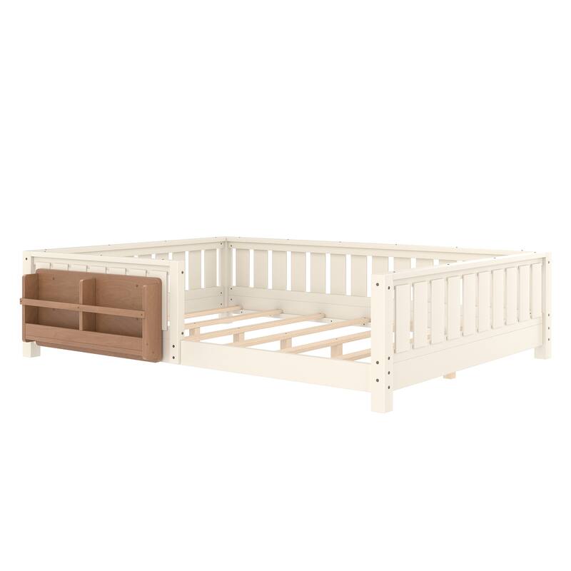 Montessori Floor Bed Low Profile Kids Bed with Rails & Bookshelf