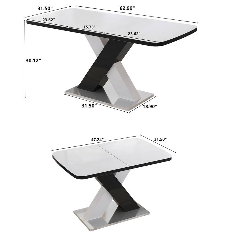 Modern Square Dining Table, Stretchable, with X-Shape Table Leg with Metal Base