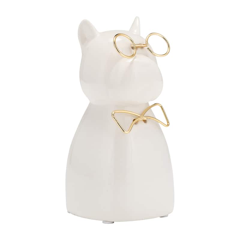 Sagebrook Home Glam Stoneware and Metal Dog Figurine with Bowtie and Glasses - Elegant Decorative Accent Sculpture - White/gold - 3" x 3" x 6"