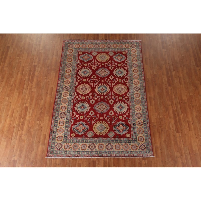 Red Geometric Kazak Area Rug Handmade Oriental Wool Carpet - 6'0" x 8'10"