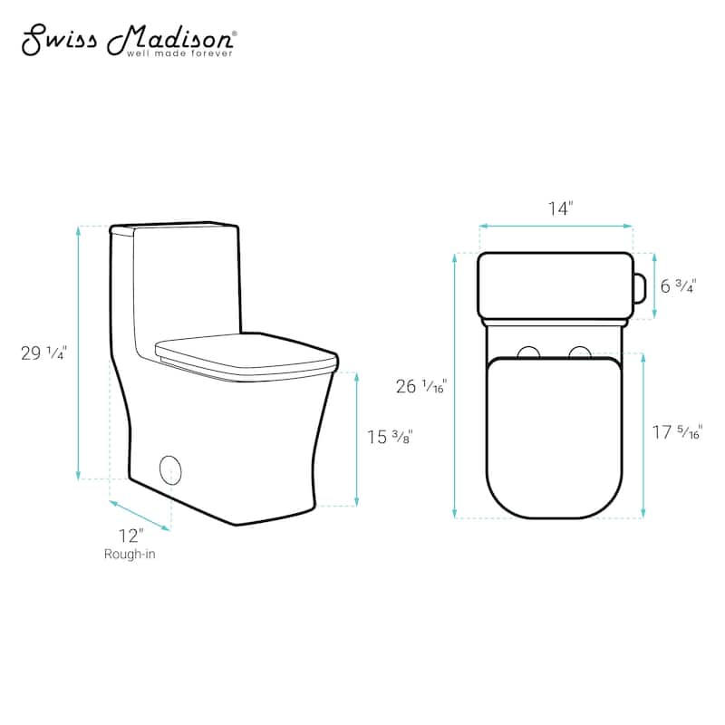 Bastille One Piece Square Right Side Flush Handle Toilet 1.28 Gpf - 26.05" x 14" 29.25"