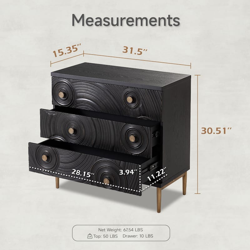 COZAYH Farmhouse Embossed 3 Drawer Dresser with Ring Motif, Distressed Boho Nightstand for Bedroom, Living Room, French Country