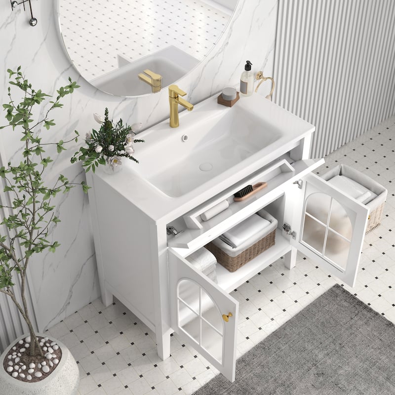 35.6-Inch Mid-Century Bathroom Vanity Sink with Patterned Glass & Motion-Sensor Light, Farmhouse Storage Vanity