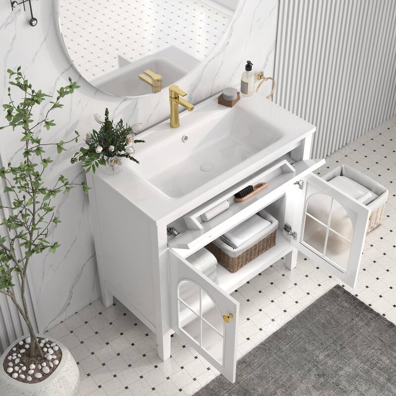 Modern Single Sink Bathroom Vanity Cabinet with Motion-sensor Light Strip & Patterned Glass, Ceramic Integrated Basin