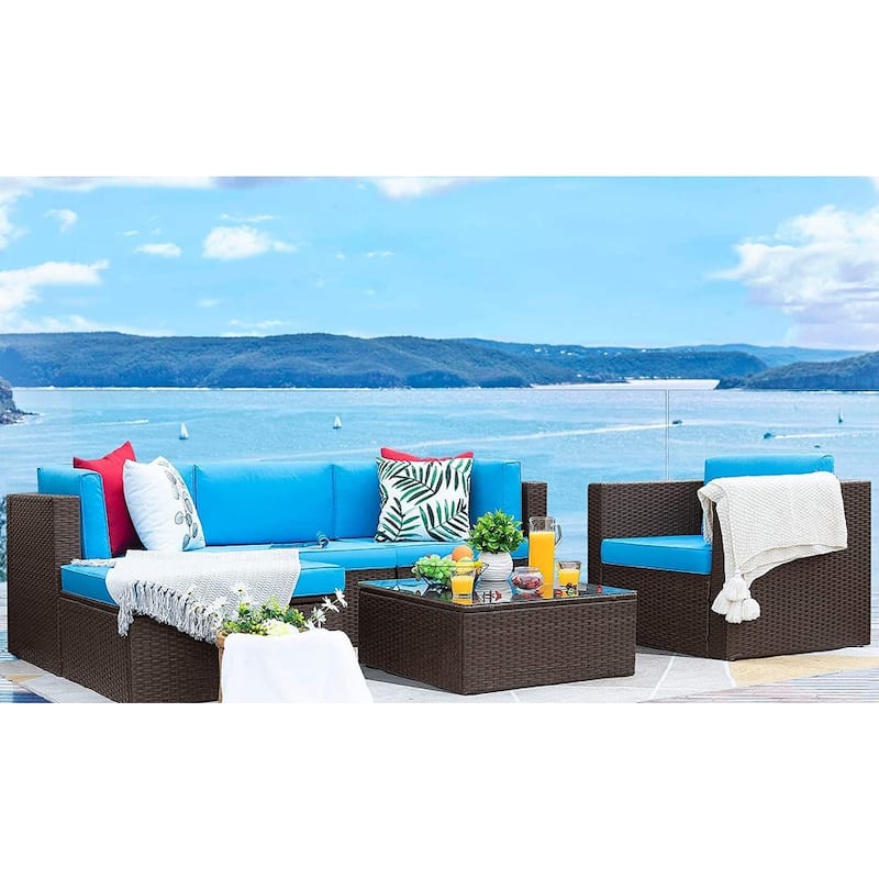 6-piece Cushioned Faux Rattan Patio Sectional Sofa Conversation Set - Blue