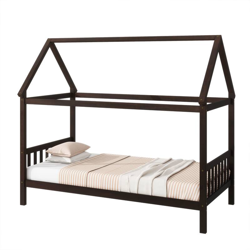 House-Shaped Twin Bed with Headboard & Footboard, Rubber Wood Frame in Espresso
