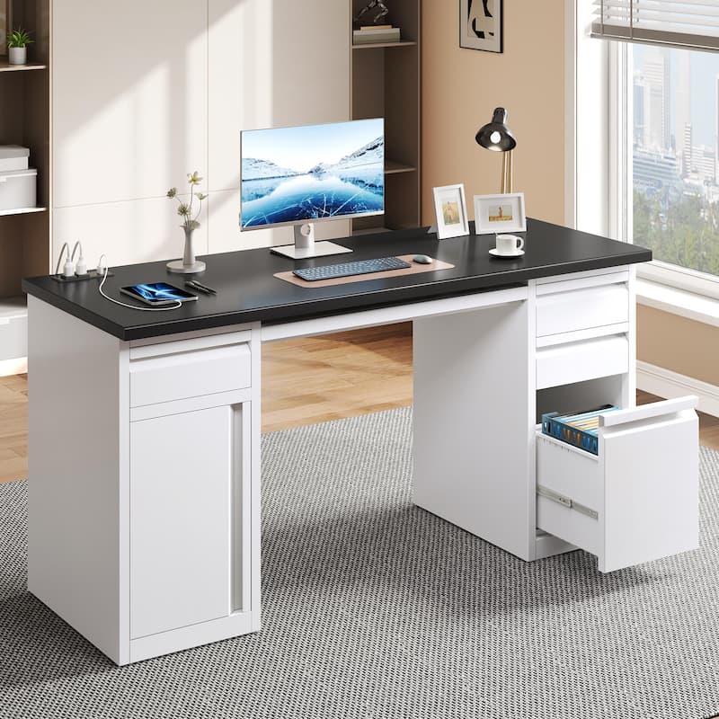 Moasis Large Executive Desk Office Desk with USB Power Outlets and Filing Cabinet - White
