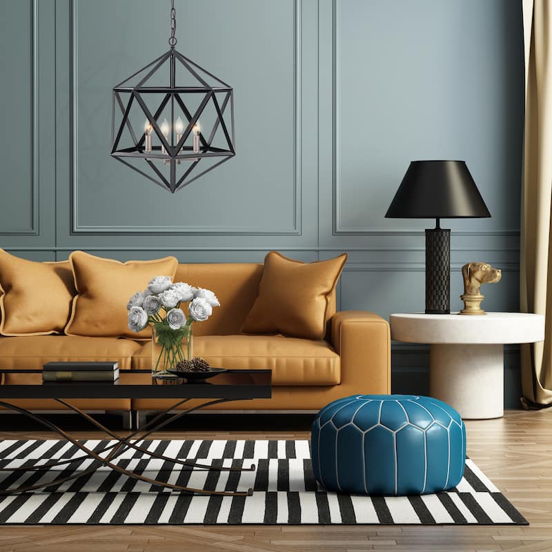Matte Black 4-Light Geometric Cage Chandelier with Brushed Nickel Sleeves