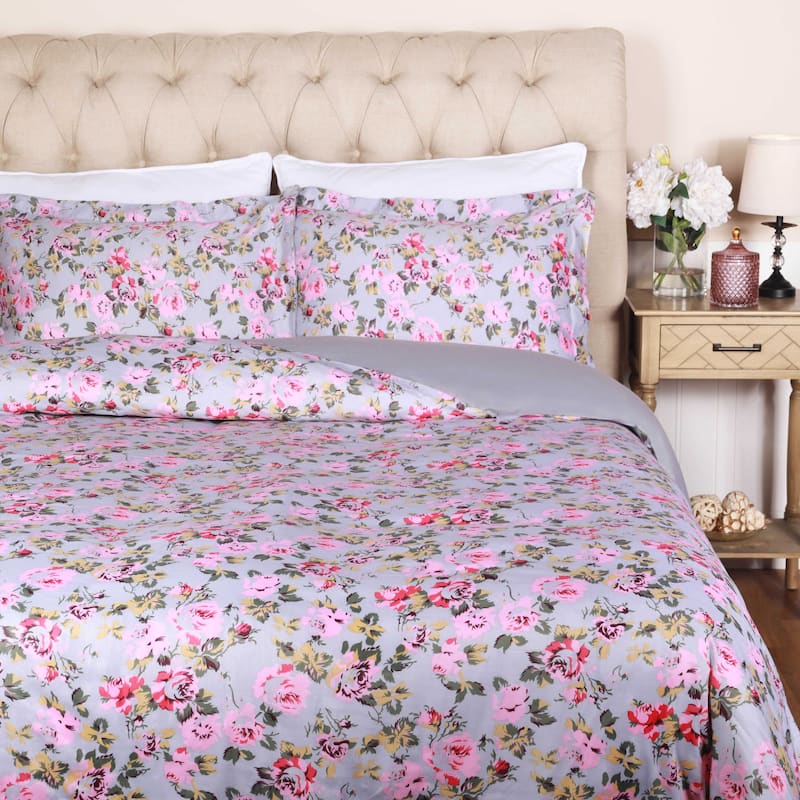 Superior Cotton Vintage Floral Duvet Cover Set with Pillow Shams - Silver - Full - Queen