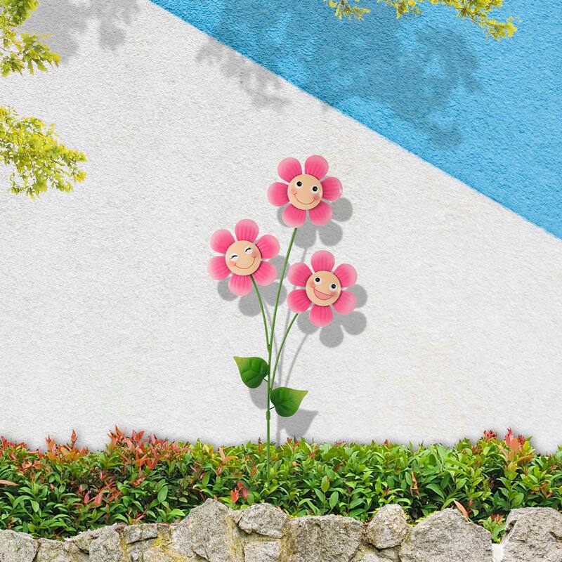 Glitzhome 36"H Metal Garden Triple Happy Face Flower Yardstake Wall Decor