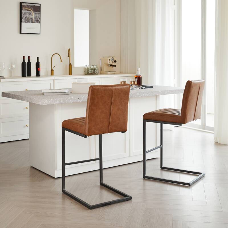 Set of 2 Bar Stool - 26-Inch Counter Height, Vertical Tufted Backrest, Sturdy Black Metal Frame with Footrest