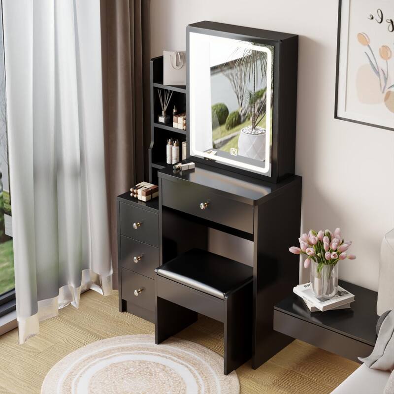 Small Space Left Bedside Cabinet Vanity Table,Cushioned Stool,Extra Large Touch Control Sliding LED Mirror,Tri-color Switching