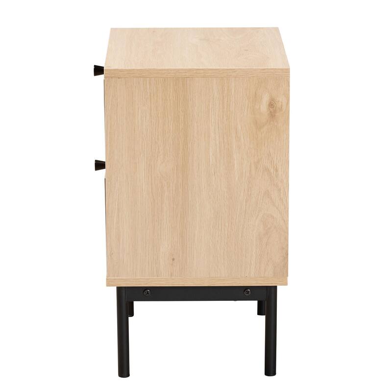 Sherwin Mid-Century Modern Light Brown and Black 2-Drawer End Table with Woven Rattan Accent